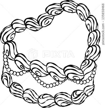 Vintage heart shape cake white and black outline, whimsical hand drawn doodle. Vintage heart shape cake white and black outline, whimsical hand drawn doodle. 135658468