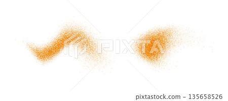 Orange spices powder splashes. Cumin and curry flakes scattered on surface. Flying masala seasoning particles burst. Dust sand and dirt textured piles. Dry spicy explosion. Vector illustration 135658526