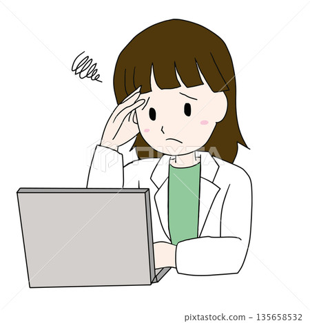 Medical illustration of a female doctor struggling with computer work 135658532