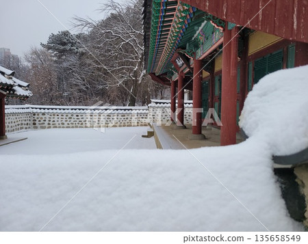 Traditional Korean Architecture in Heavy Snowfall Winter Scene 135658549