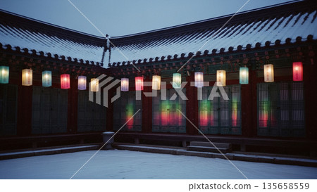 Snowy Winter Evening in a Traditional Korean Hanok Courtyard with Colorful Lanterns and Copy Space 135658559