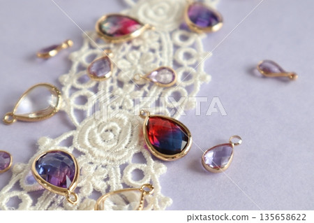 Colorful glass beads and ribbons 135658622