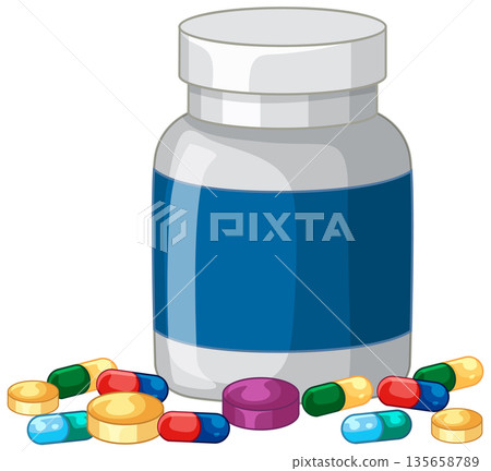 White Medicine Bottle with Blue Label and Scattered Colorful Pills White Medicine Bottle with Blue Label and Scattered Colorful Pills 135658789