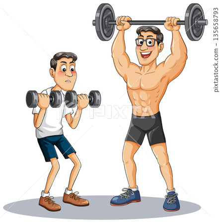 Cartoon Men Lifting Dumbbells and Barbell in Gym Setting Cartoon Men Lifting Dumbbells and Barbell in Gym Setting 135658793