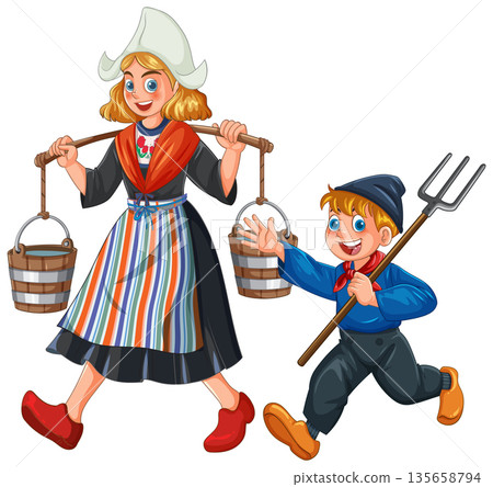 Dutch Children in Traditional Clothing Carrying Farm Tools Dutch Children in Traditional Clothing Carrying Farm Tools 135658794