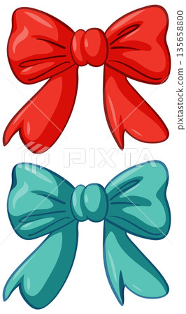 Red and Teal Ribbon Bows Vector Illustration Set on White Background 135658800