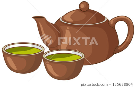Traditional Brown Ceramic Teapot with Two Cups of Green Tea 135658804