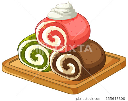 Assorted Swiss Roll Cakes with Whipped Cream on Wooden Board Assorted Swiss Roll Cakes with Whipped Cream on Wooden Board 135658808