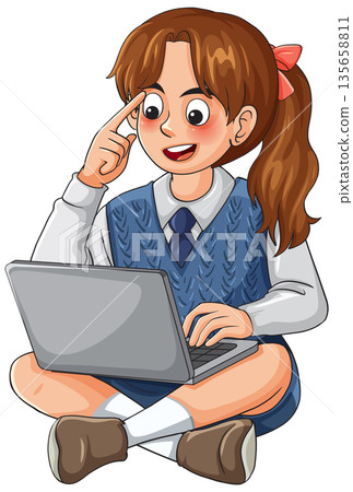 Smiling Schoolgirl Studying Online With Laptop Computer Smiling Schoolgirl Studying Online With Laptop Computer 135658811