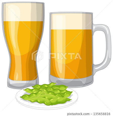 Vector Illustration of Two Beer Glasses and a Plate of Edamame 135658816