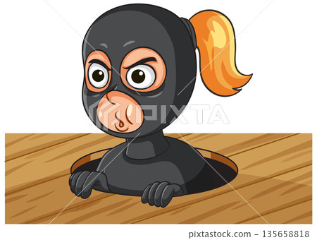 Female Burglar Peeking Out from Wooden Floor Trapdoor 135658818