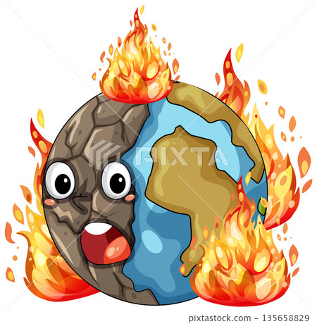 Crying Cartoon Earth Burning in Intense Flames Crying Cartoon Earth Burning in Intense Flames 135658829