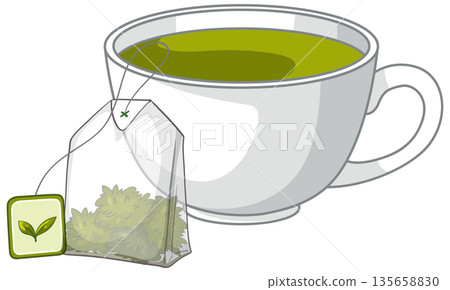 Vector Illustration of a Cup of Green Tea with Teabag 135658830