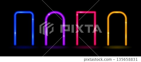 Glow neon rectangle and arch frames. Colorful shining flare borders. Glowing portal concept. Futuristic rectangular and curved arc doors. Vector illuminated elements for poster, banner, brochure Glow neon rectangle and arch frames. Colorful shining flare borders. Glowing portal concept. Futuristic rectangular and curved arc doors. Vector illuminated elements for poster, banner, brochure 135658831
