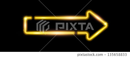Yellow neon arrow element. Warm glowing led direction sign. Shine tube lamp in arrowhead shape. Bright luminous fluorescent pointer effect for banner, poster, logo. Vector neon led light illustration Yellow neon arrow element. Warm glowing led direction sign. Shine tube lamp in arrowhead shape. Bright luminous fluorescent pointer effect for banner, poster, logo. Vector neon led light illustration 135658833