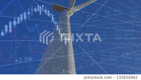 Displaying wind turbine rising on digital dashboard, with candlestick charts and ticker symbols Displaying wind turbine rising on digital dashboard, with candlestick charts and ticker symbols 135658862