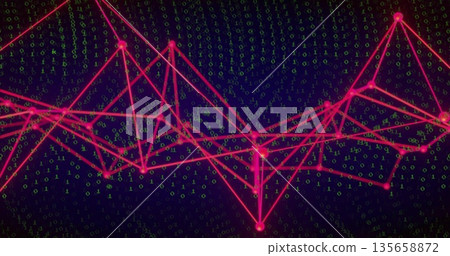 Glowing red-pink network of nodes and lines floating over navy data space, with green binary digits Glowing red-pink network of nodes and lines floating over navy data space, with green binary digits 135658872