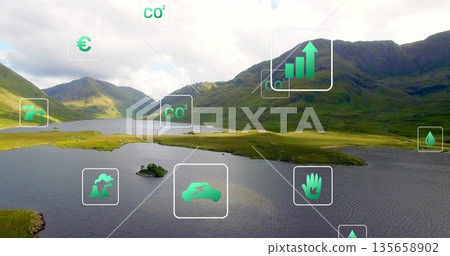 Floating digital overlay icons showing environmental economic data at mountain lake, grassy island Floating digital overlay icons showing environmental economic data at mountain lake, grassy island 135658902