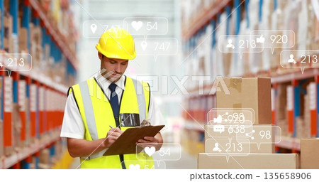Inspector wearing hard hat and vest inspecting boxes in warehouse aisle, with clipboard icons Inspector wearing hard hat and vest inspecting boxes in warehouse aisle, with clipboard icons 135658906