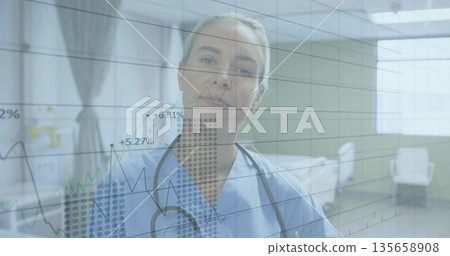 Analyzing female doctor reading rising percentages in exam room, with stethoscope and chart overlay Analyzing female doctor reading rising percentages in exam room, with stethoscope and chart overlay 135658908