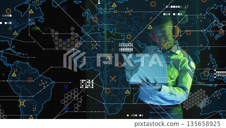 Analyzing man in shirt exploring digital world map overlay at control room, with laptop, copy space 135658925
