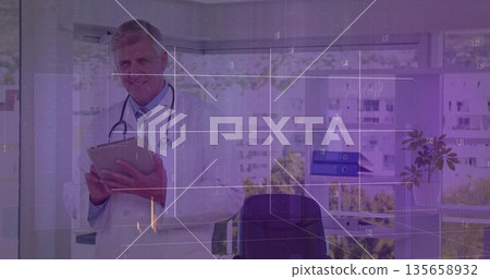 Holding tablet computer senior doctor wearing stethoscope in clinic with grid overlay, copy space 135658932