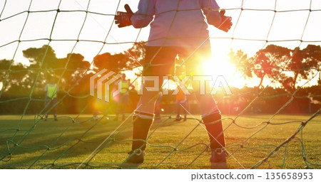 Defending goalkeeper wearing padded gloves and cleats on park grass pitch, with soccer net backdrop 135658953