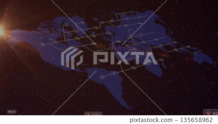 Floating world map graphic connecting circular nodes in starfield, with lens flare and UI counters Floating world map graphic connecting circular nodes in starfield, with lens flare and UI counters 135658962