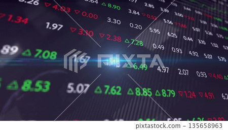 Displaying numeric grid with plus green and minus red arrows on trading interface, blue lens flare Displaying numeric grid with plus green and minus red arrows on trading interface, blue lens flare 135658963