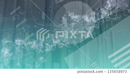 Displaying network wave flowing diagonally on data UI, with grid and chart overlays and percentages 135658973
