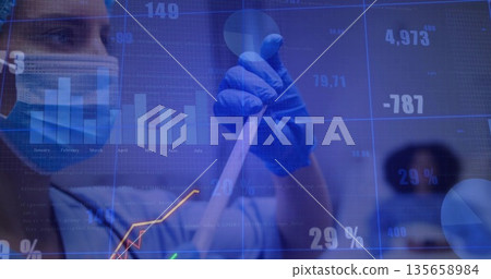 Masked stethoscope-clad scientist pipetting sample in vial in lab against digital data, copy space 135658984