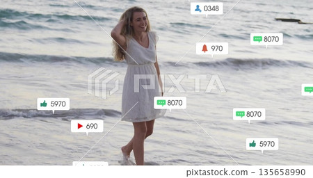 Smiling woman in white sleeveless dress brushing hair in ocean at beach, with social media overlays Smiling woman in white sleeveless dress brushing hair in ocean at beach, with social media overlays 135658990
