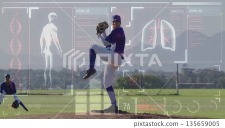Winding up baseball pitcher pitching from mound, under HUD overlay with catcher squatting Winding up baseball pitcher pitching from mound, under HUD overlay with catcher squatting 135659005
