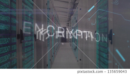 Server racks with blinking switches and trays lining data center corridor with encryption overlay Server racks with blinking switches and trays lining data center corridor with encryption overlay 135659043