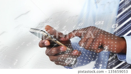 Holding and tapping male hands in business attire in office, with gold smartphone, binary overlay Holding and tapping male hands in business attire in office, with gold smartphone, binary overlay 135659053