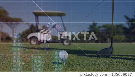 Featuring white golf ball resting on blue tee at golf course fairway, with financial data overlays 135659057