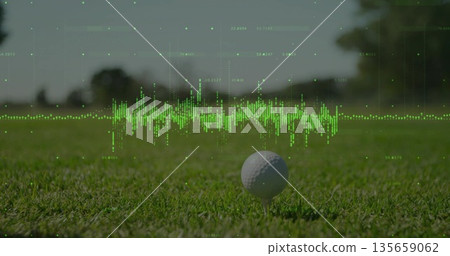 Single golf ball resting on white tee in grass at golf course, with digital waveform overlay Single golf ball resting on white tee in grass at golf course, with digital waveform overlay 135659062