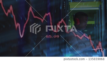 IT pro wearing red headphones reviewing tablet in server room, with cabinets, red graph, copy space IT pro wearing red headphones reviewing tablet in server room, with cabinets, red graph, copy space 135659068