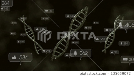 Floating central 3D DNA helix glowing in dark cyberspace, with social media bubbles and counters 135659072