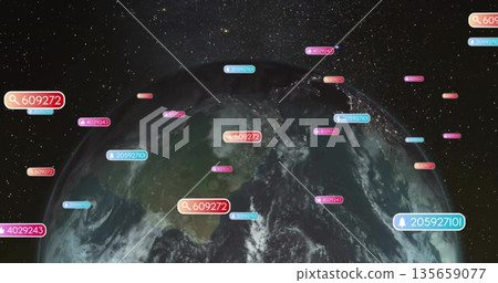 Displaying Earth globe in orbit, showing data labels with codes, search and notification icons Displaying Earth globe in orbit, showing data labels with codes, search and notification icons 135659077