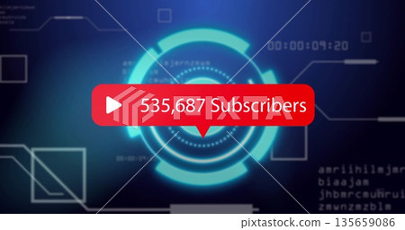 Displaying interface on blue gradient, featuring red subscriber bubble with play icon and teal HUD Displaying interface on blue gradient, featuring red subscriber bubble with play icon and teal HUD 135659086
