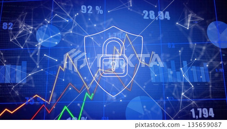 Displaying shield enclosing lock on blue grid with network nodes, data charts and numeric overlays Displaying shield enclosing lock on blue grid with network nodes, data charts and numeric overlays 135659087
