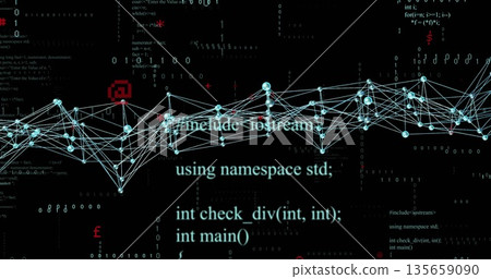 Showing 3D node network weaving through digital space, with code, binary digits and red symbols Showing 3D node network weaving through digital space, with code, binary digits and red symbols 135659090