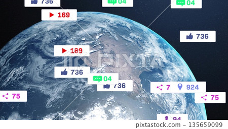 Displaying digital Earth globe rotating in space, with floating social media notification icons Displaying digital Earth globe rotating in space, with floating social media notification icons 135659099
