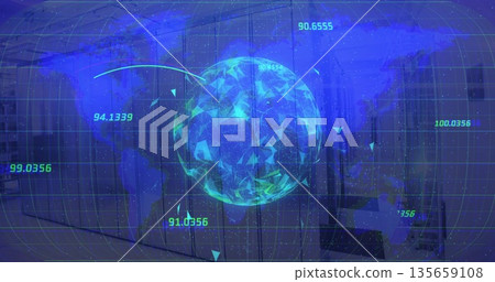 Spinning holographic globe showing grid overlay in office, with numeric data, triangular markers Spinning holographic globe showing grid overlay in office, with numeric data, triangular markers 135659108