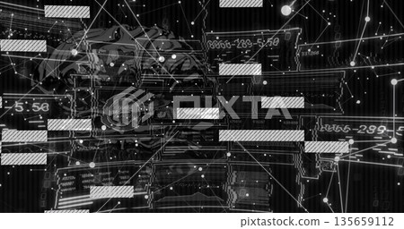 Rotating metallic skull core projecting code blocks in cyber network with node points and readouts Rotating metallic skull core projecting code blocks in cyber network with node points and readouts 135659112