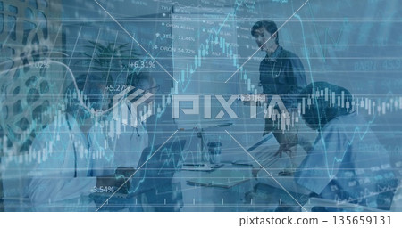 Presenting man in dark shirt explaining stock market charts in boardroom, with flipchart, laptops Presenting man in dark shirt explaining stock market charts in boardroom, with flipchart, laptops 135659131