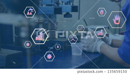 Operating technician handling metal sample, plastic cup in lab, with press and data overlays Operating technician handling metal sample, plastic cup in lab, with press and data overlays 135659150
