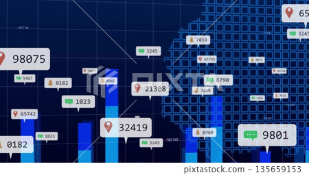 Displaying bar charts on analytics dashboard, with callouts, pin, chat and bell icons and grid map Displaying bar charts on analytics dashboard, with callouts, pin, chat and bell icons and grid map 135659153