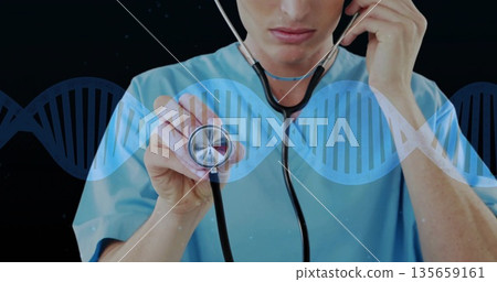 Presenting doctor holding stethoscope chestpiece and placing earpiece in studio, with DNA overlay 135659161